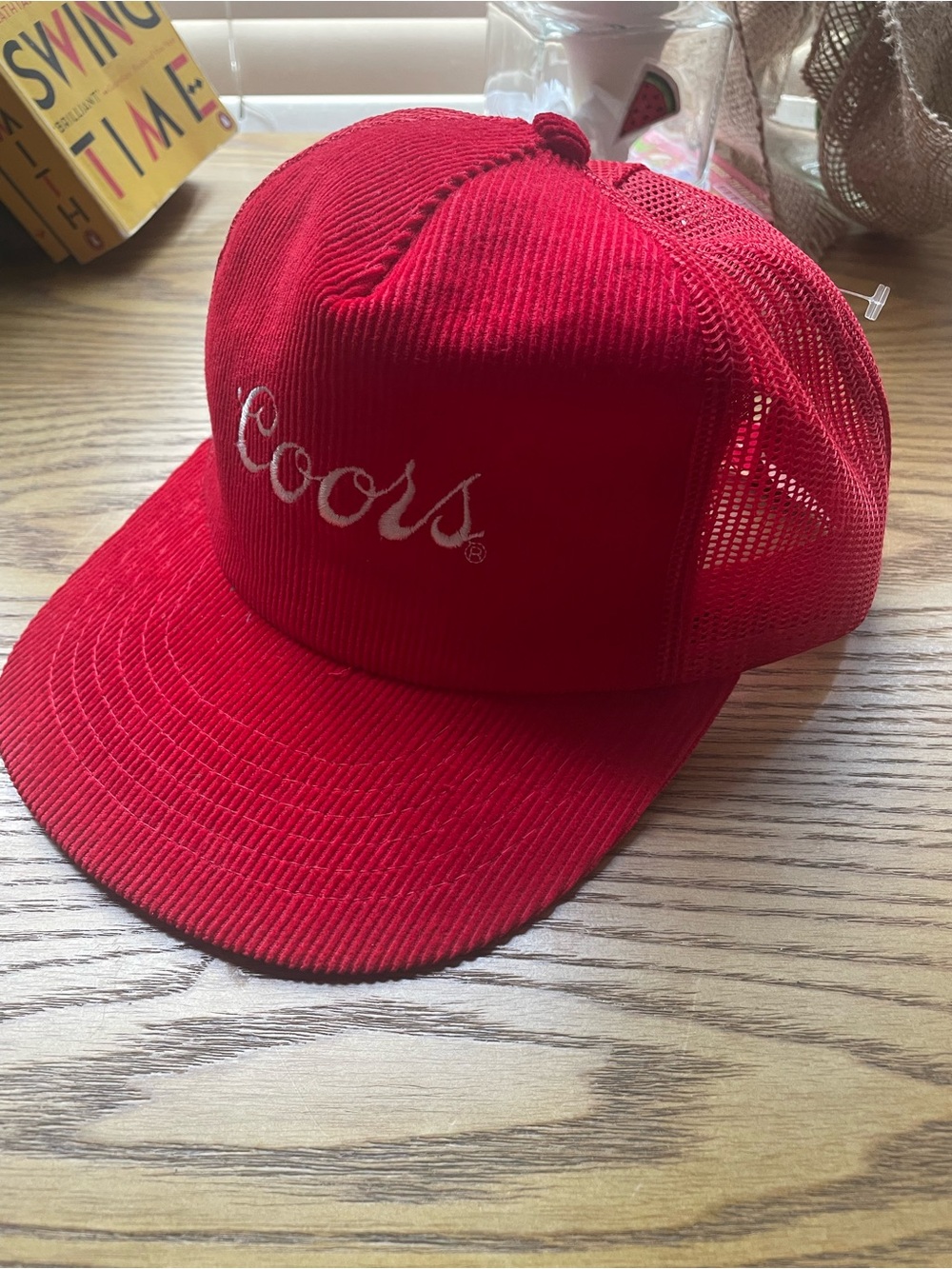 Deadstock Brand new Red Corduroy Mesh Trucker Hat with White Script Coors